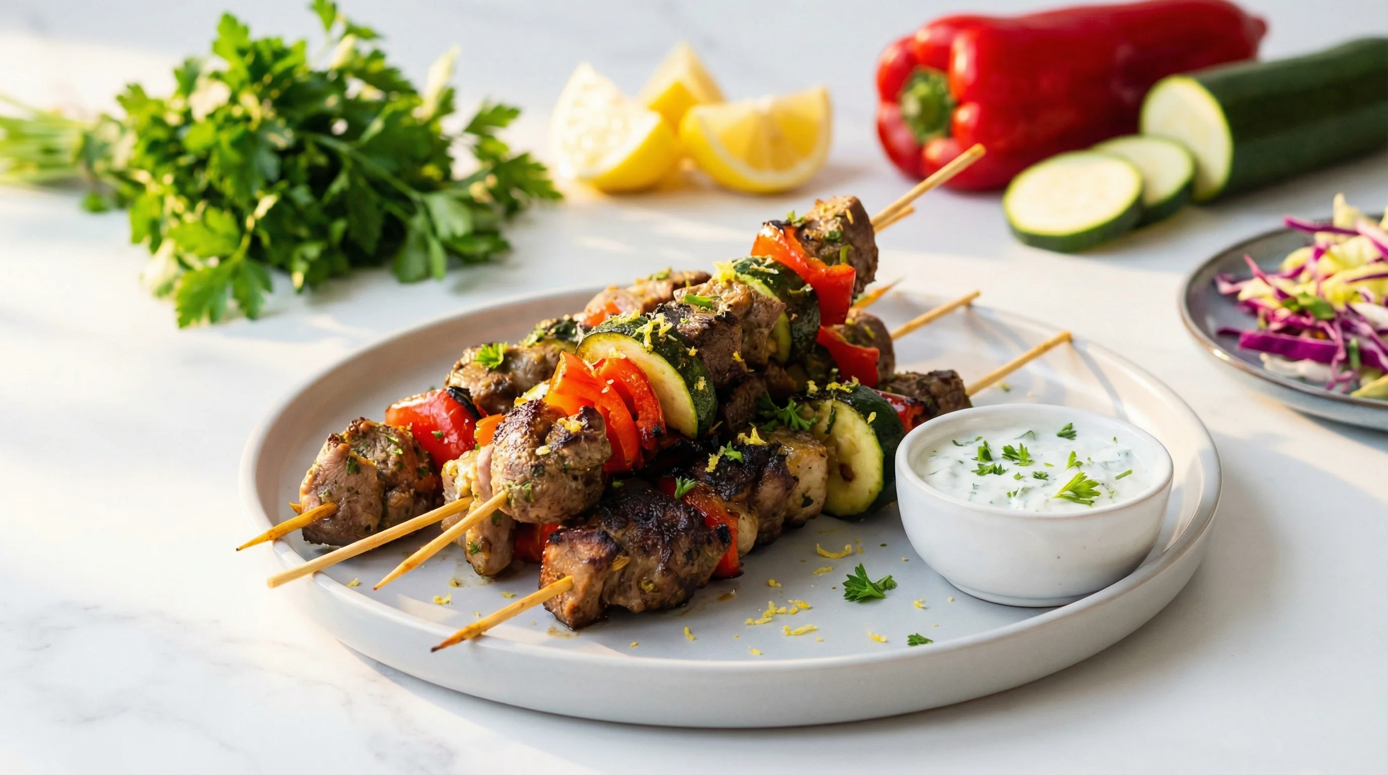 Low FODMAP BBQ Lamb Skewers with Creamy Lemon Yogurt - Low FODMAP Recipe