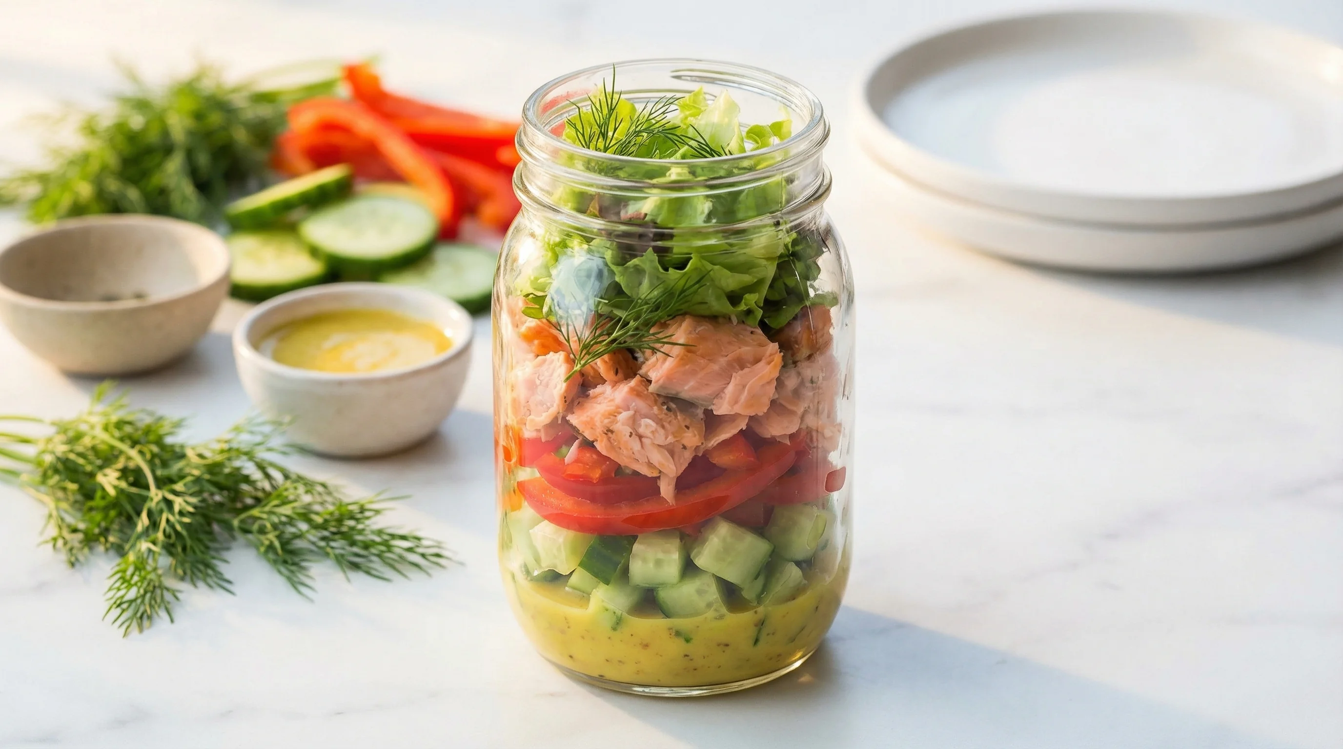 Low FODMAP Salmon Mason Jar Salad with Tangy Mustard Dressing - Low FODMAP Recipe