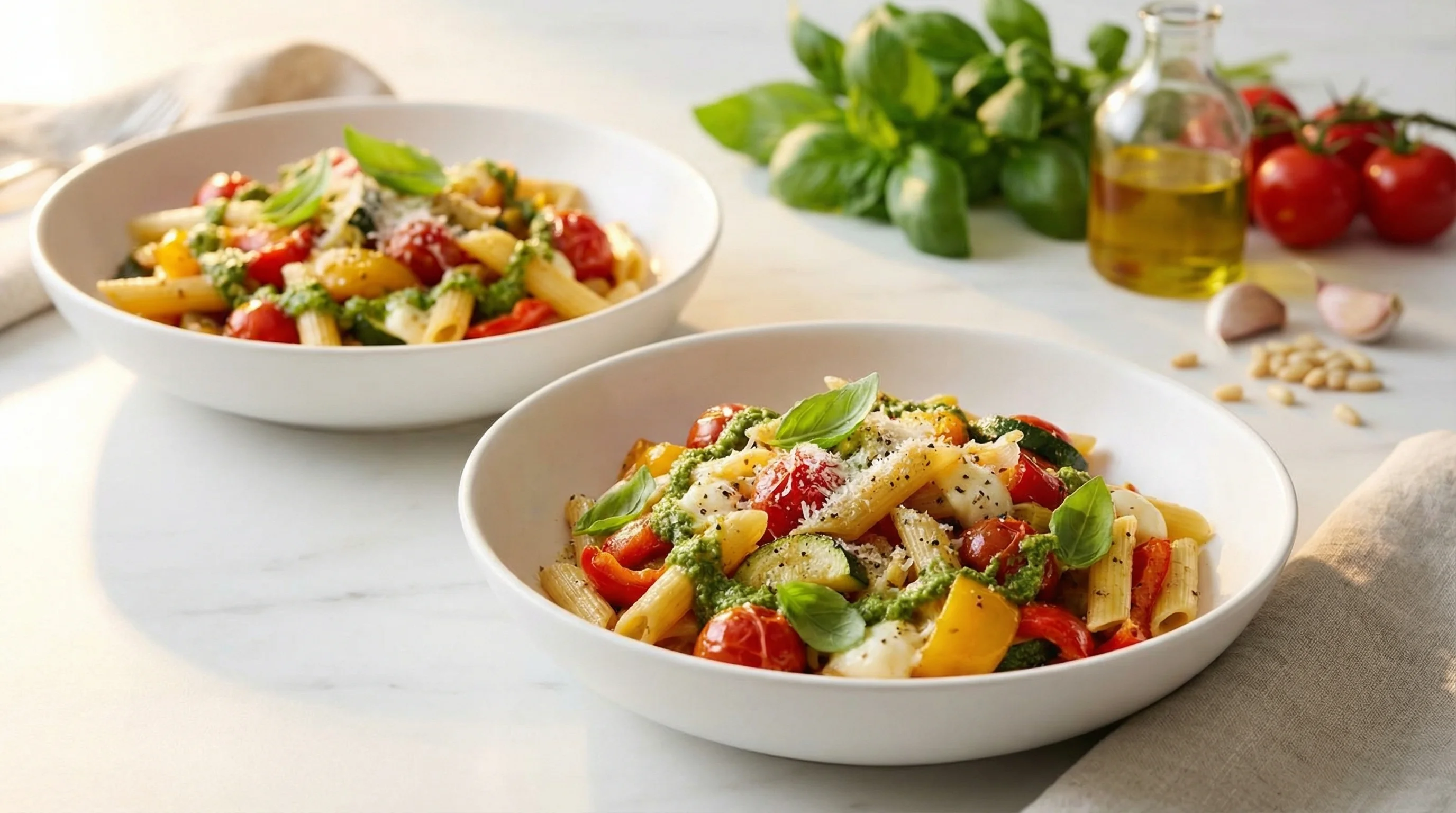 Roasted Vegetable Pesto Pasta with Fresh Mozzarella (Low FODMAP) - Low FODMAP Recipe